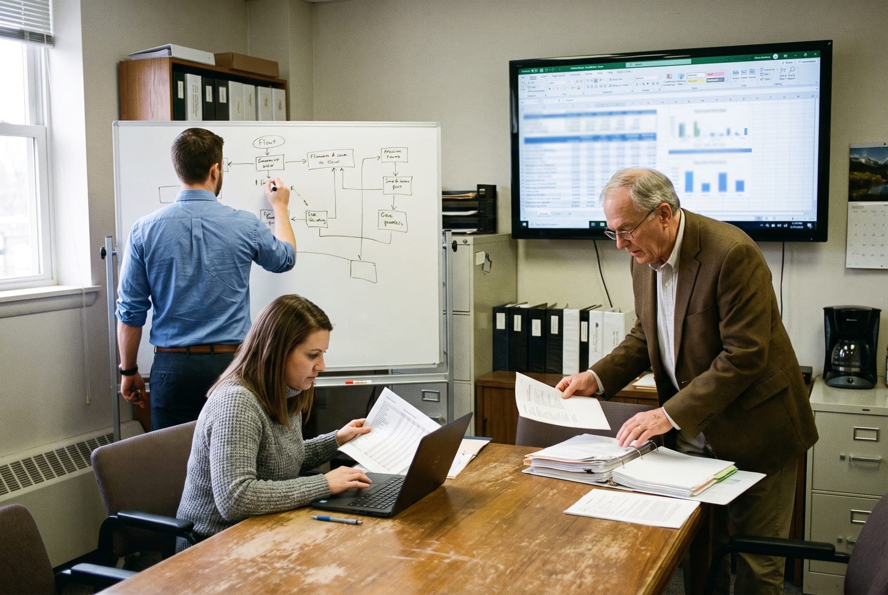 Three professionals in a small office reviewing contract binders, a laptop, and a process map on a whiteboard.