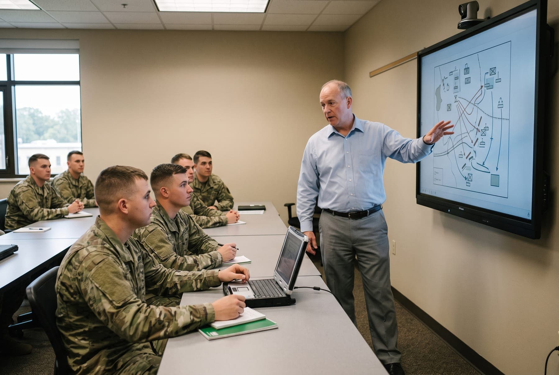 Civilian instructor explaining a planning diagram on a wall display to soldiers seated with notebooks and laptops.